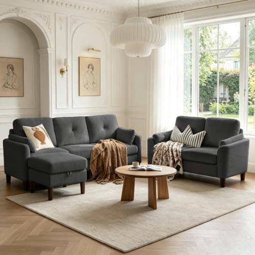 3 Piece Sectional Sofa Set, 3 Seat Couch & Loveseat & Ottoman, Dark Grey by Portaforta