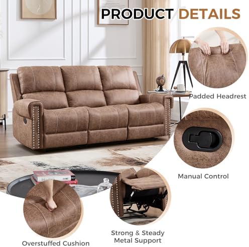CANMOV Manual Reclining Sofa for Living Room, Faux Leather 3 Seater Recliner - Image 3
