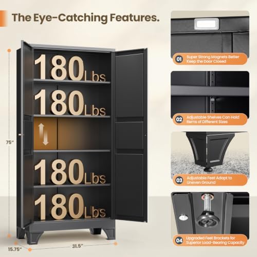 Black Tall Pantry Cabinet Kitchen Metal Garage Storage Cabinet Cupboard 75" - Image 2