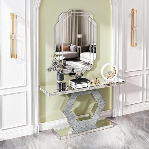Hexagon Silver Mirrored Console Table and Wall Mirror Set, 2 Piece Silver - Image 3