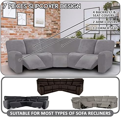 ULTICOR 7-Piece L Shape Sectional Recliner Sofa Covers, Velvet Stretch - Image 2