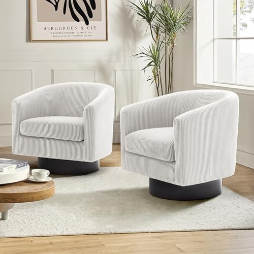 Pia Ricco Set of 2 Corduroy 360° Swivel Barrel Accent Chair Beige by PiaRicco