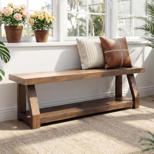 63" Solid Wood Bench, 2-Tier Entryway Bench - Image 4