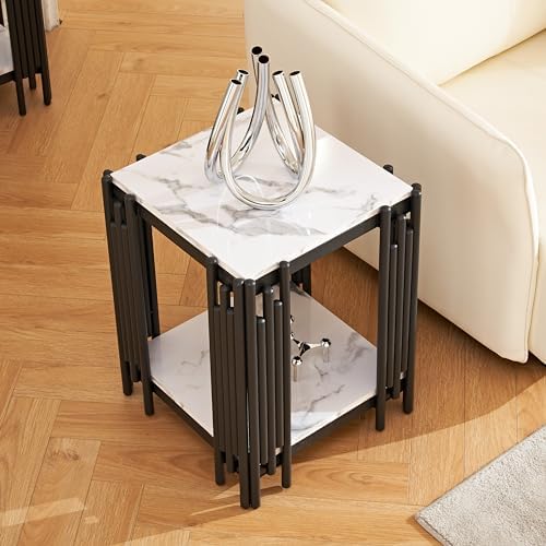17.32'' Suqare Faux Marble End Table, 2-Tier White Wood Side Table - Image 3