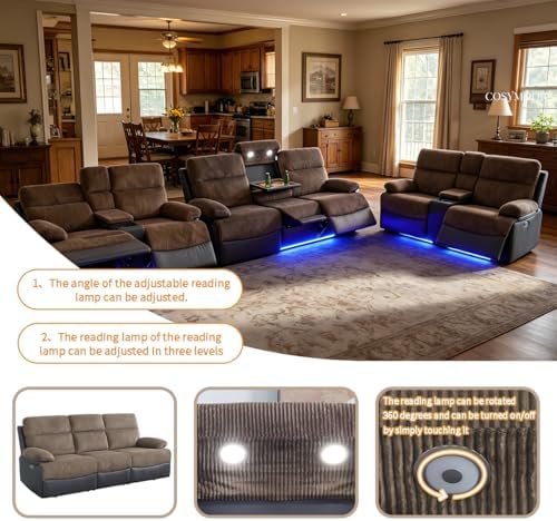 Power Recliner Sofa Set with LED Light, Corduroy & Leather Fabric Sofa and - Image 3