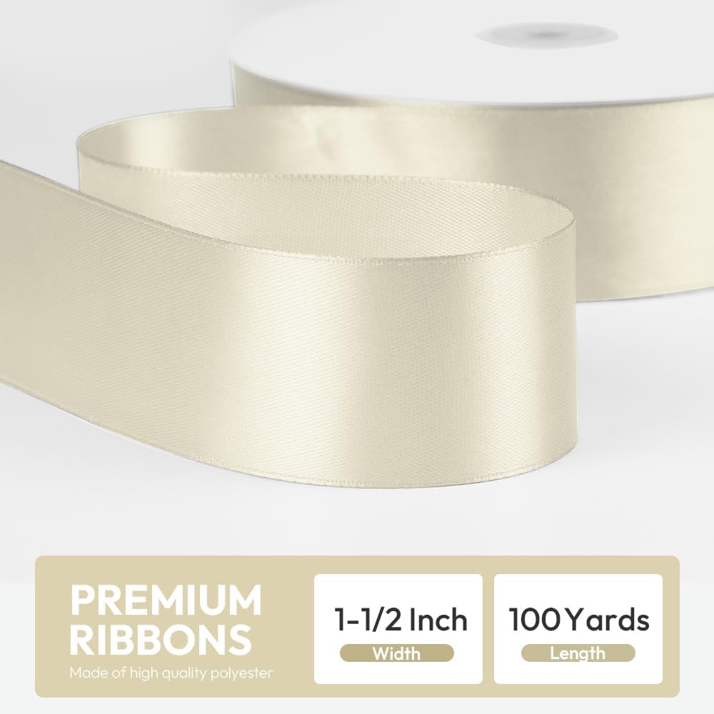 1-1/2" x 100 Yards Satin Ribbon - Ivory Silk Ribbon with Spool - Ideal for Gift Wrapping, Floral Bouquets, Crafts, Wedding Party Decorations, Christmas and Sewing Projects