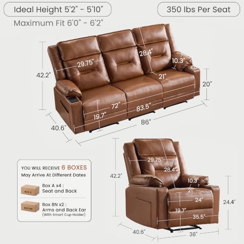 2-Piece Recliner Sofa Set, Single Chair & 3-Seater Reclining Couch - Image 2