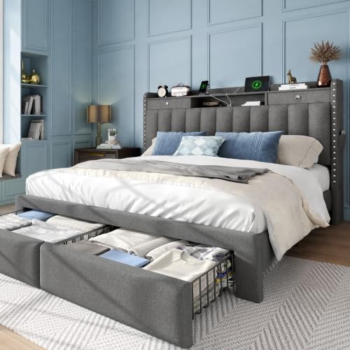 Queen Bed Frame with 2-Tier Storage Headboard and 4 Drawers, Linen Fabric by UnwindinYourOwnSpace