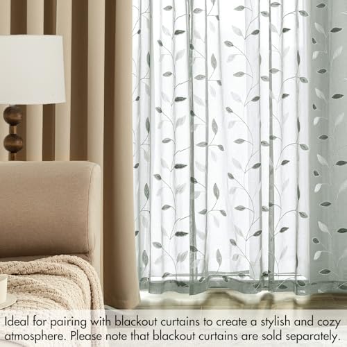 MIULEE Sage Sheer Curtains 2 Panels Embroidered Leaf Patterned, W52 x L96 - Image 7