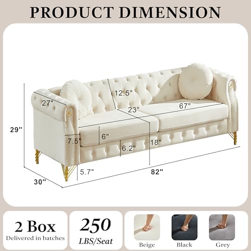 82" Beige 3-Seater Velvet Chesterfield Sofa - Image 2