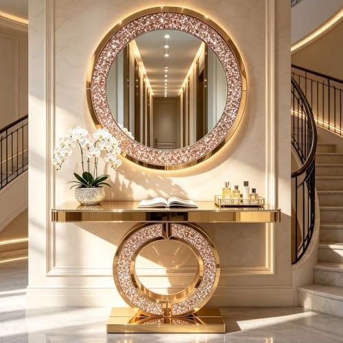 Mirrored Console Table & Round Wall Mirror Set, 42.9" Brown - Image 2