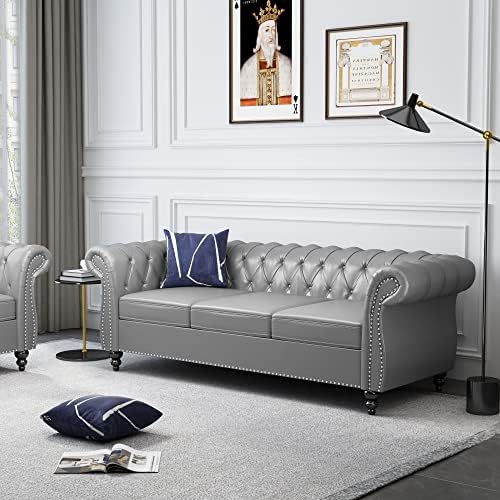 ORRD Chesterfield Sofa Leather, Modern PU Tufted Couch 3 Seater - Image 4