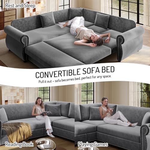88.2" Chenille L-Shaped Pull-Out Sectional Sleeper Sofa Bed, Light Grey - Image 4