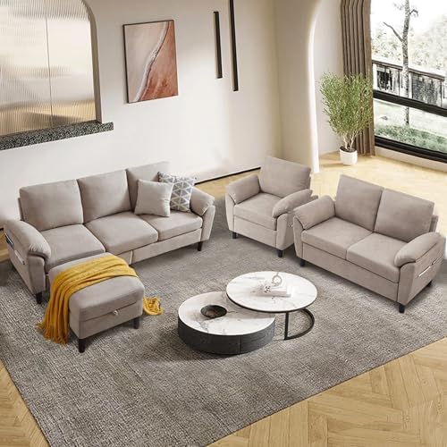 4 Piece Convertible Sectional Sofa Set, Modern Linen Small L Shaped Couch - Image 3