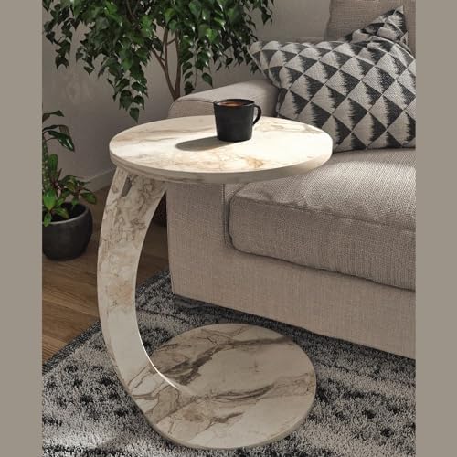 C Shaped End Table for Couch Small Places, Faux Marble Engineered Wood Space - Image 3