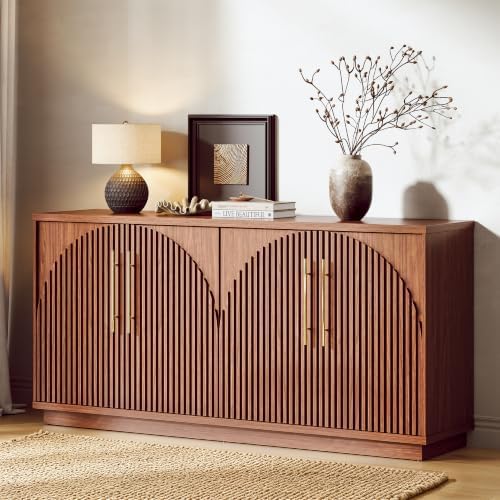 65" Buffet Cabinet with Storage, Fluted Sideboard Cabinet with 4 Arched Doors & by beronbaer