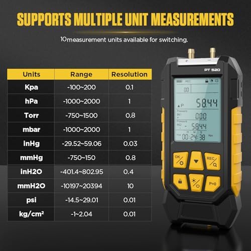 PT520 Digital Manometer Dual-Port HVAC Differential Pressure Gauge - Image 6