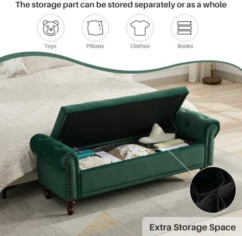 SOFTHION 58.1" Storage Bench for Bedroom, Velvet Upholstered, Dark Green - Image 3