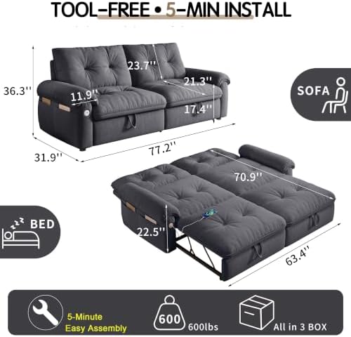 77.2" Sleeper Sofa Bed Full, Pre-Assembled Flannel Pull Out Sofa, Dark Grey - Image 2