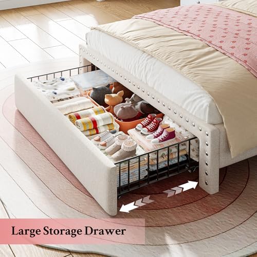 EnHomee Twin Bed Frame with Large Drawer & 2-Tier Storage Headboard Shelf - Image 3