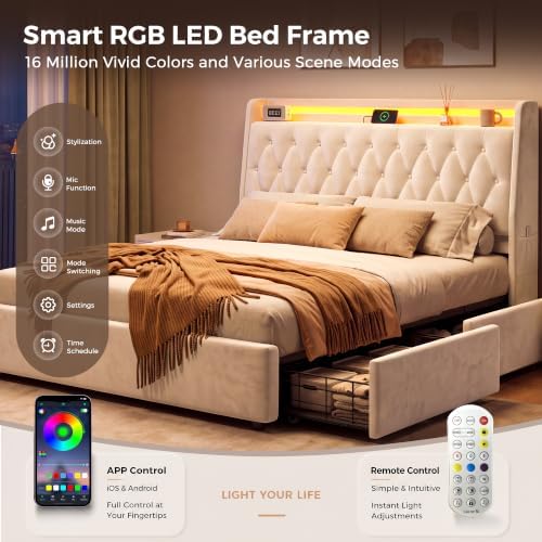 Jocoevol Queen LED Velvet Bed Frame - Image 4