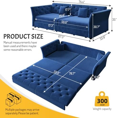 Sleeper Sofa Bed 74.4", Velvet Pull Out Couch, Flower Tufted Sofa - Image 2