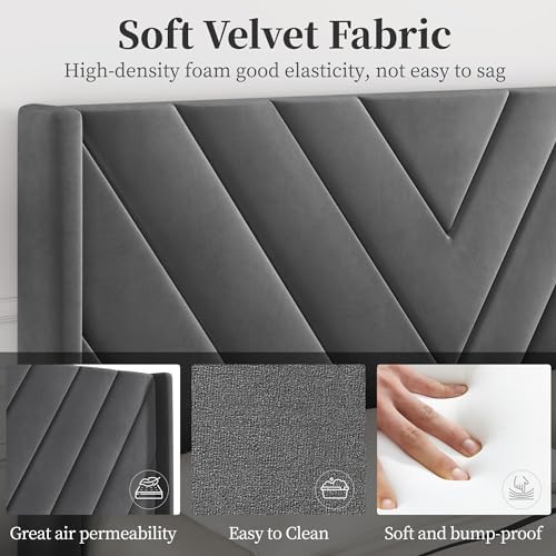 Yaheetech Full Bed Frame with Chevron Channel-Tufted Headboard, Dark Gray - Image 5