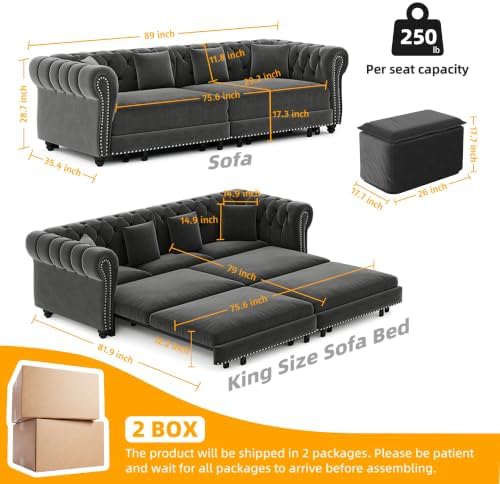 89'' Chesterfield Sleeper Sofa King Size - Image 2
