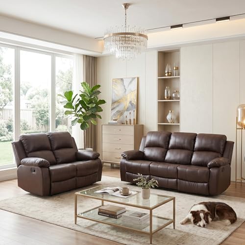 2 Piece Manual Reclining Leather Sofa Set, Reclining Couch Sofa Set Includes 3 by BrisaNube