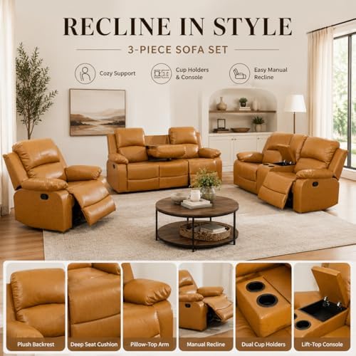 Living Room Furniture Set, 2 Piece Recliner Sofa Set, Leather Recliner Sofa Set - Image 4