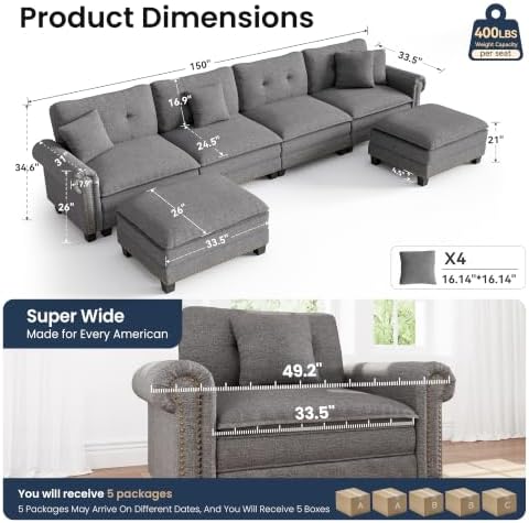 PHI VILLA 150" Oversized Modular Sectional Couch U Shaped - Image 2