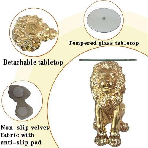Lion Statue Side Table, 13 inch Tempered Glass Coffee Table - Image 5