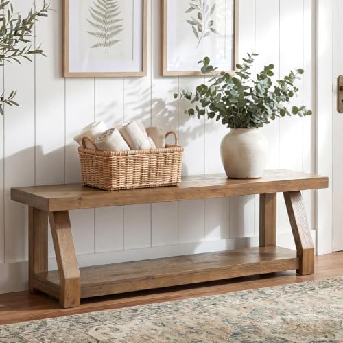 63" Solid Wood Bench, 2-Tier Entryway Bench - Image 3