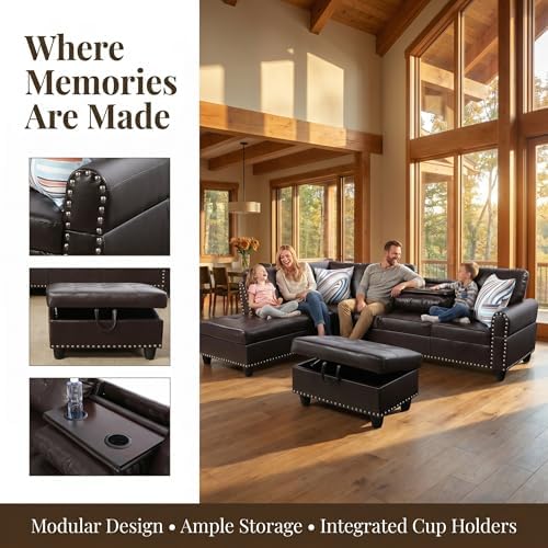 Leather L-Shaped Couch Set, 97.5"L x 69.5"W Sectional Sofas Brown - Image 6