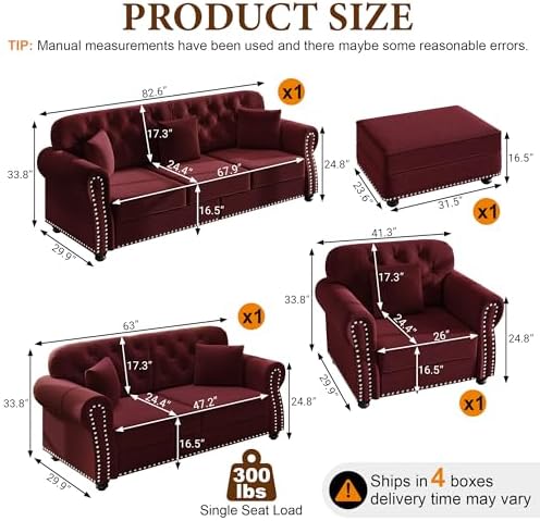 3-Piece Velvet Chesterfield Sofa Set - Image 2