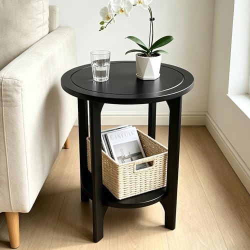 Black Solid Wood Round Side Table by NOVOYOWFURNITURE