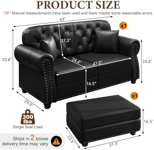 63'' Faux Leather Chesterfield Loveseat Sofa - Image 2