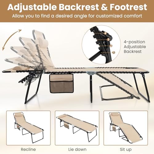 GYMAX Lounge Chairs for Outside, Extra High Folding Beach Tanning Lounger - Image 4