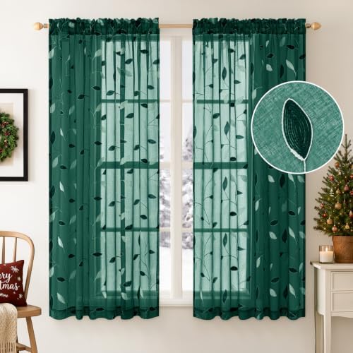 MIULEE Christmas Hunter Green Sheer Curtains Leaf Patterned, W52 x L63 - Image 2