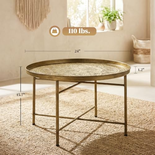 HOMCOM 24" Hammered Round Coffee Table Vintage Metal Side Table Gold - Image 3