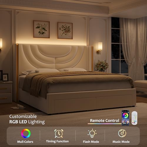 HITHOS King Upholstered Platform Bed Frame, LED Storage Headboard - Image 3