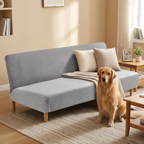 XINEAGE Velvet Armless Futon Cover, Stretch Pet Futon Slipcover, Light Gray - Image 2
