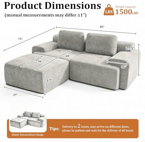 85" L Shaped Oversized Boneless Couch, Comfort Cloud Sectional Couches - Image 2