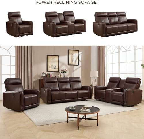 CANMOV Genuine Leather Power Recliner Sofa Set, Power Reclining Couch Set - Image 7