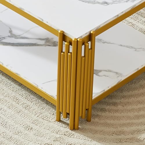 White Marble Coffee Table Set of 2, Faux Marble Coffee Tables and Gold White - Image 7