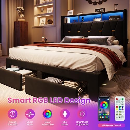 SHA CERLIN Queen Bed Frame, 2 Storage Drawers & 2-Tier Storage Headboard - Image 4