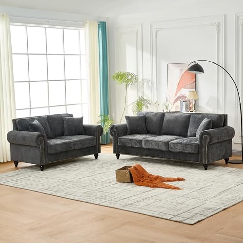 86.5" Chenille Sofa Couch 3-Seater | Modern Chesterfield Sofa - Image 5