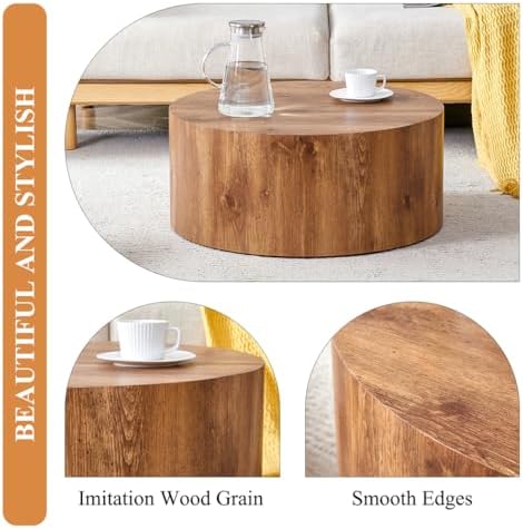 Round Coffee Table, 23.6" Modern Wood Drum Coffee Table, Round Accent Center - Image 4