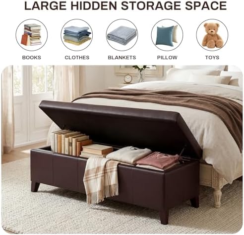 Brown Ottoman with Storage 51" Faux Leather Storage Ottoman - Image 3