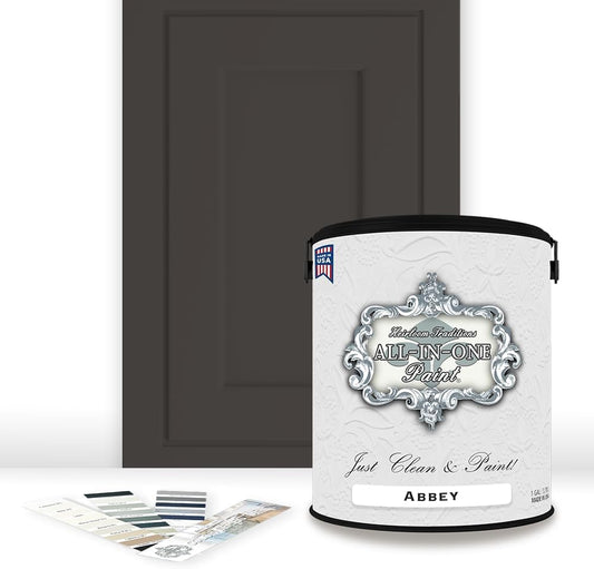 ALL-IN-ONE Paint, Durable cabinet and furniture paint. Built in primer and top coat, no sanding needed. Includes our 30 featured color card - Abbey (warm gray), Gallon